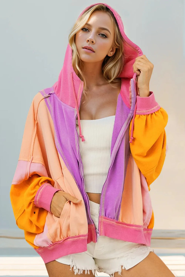 Double Take Full Size Color Block Zip Up Hoodie See size chart under “more details”