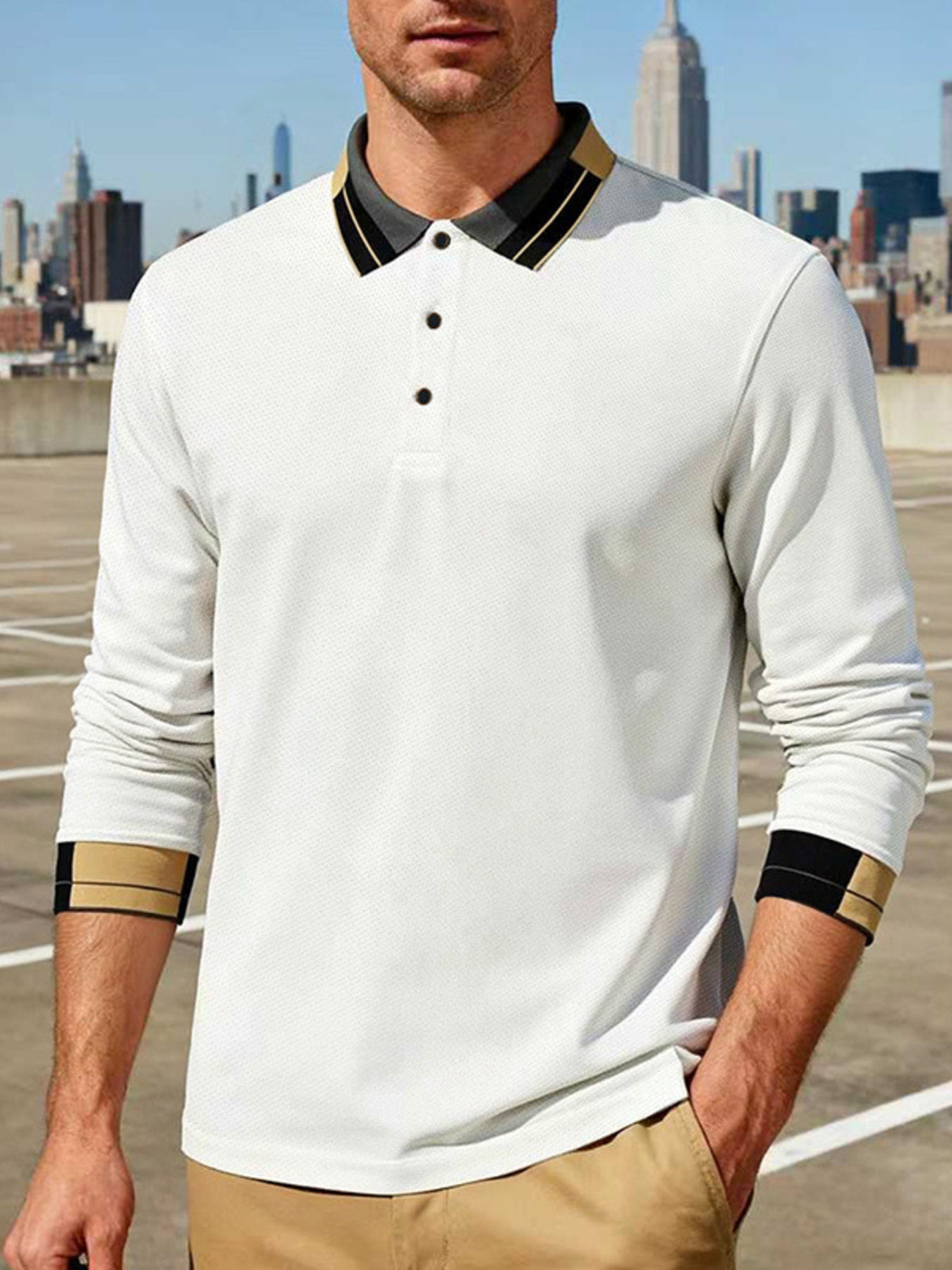 Men's Full Size Button Detail Long Sleeve Polo Plus Size