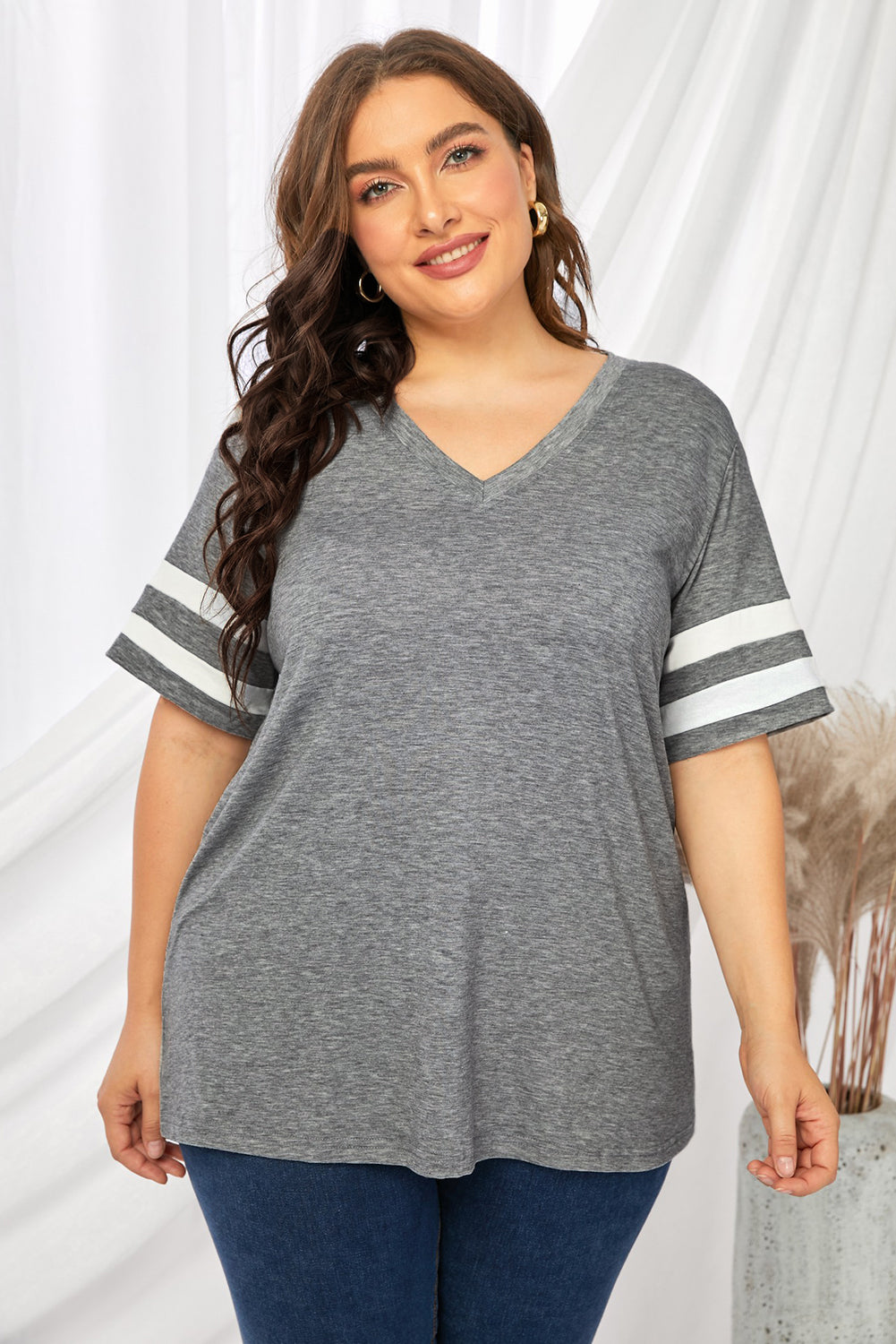 Plus Size Striped V-Neck Tee Shirt See size chart under “more details”
