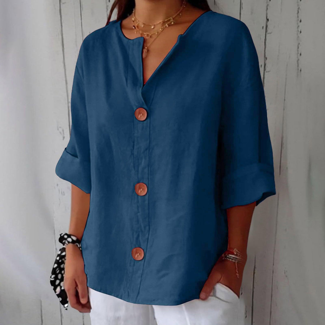 Women's V-Neck Cotton Linen Buttoned Blouse