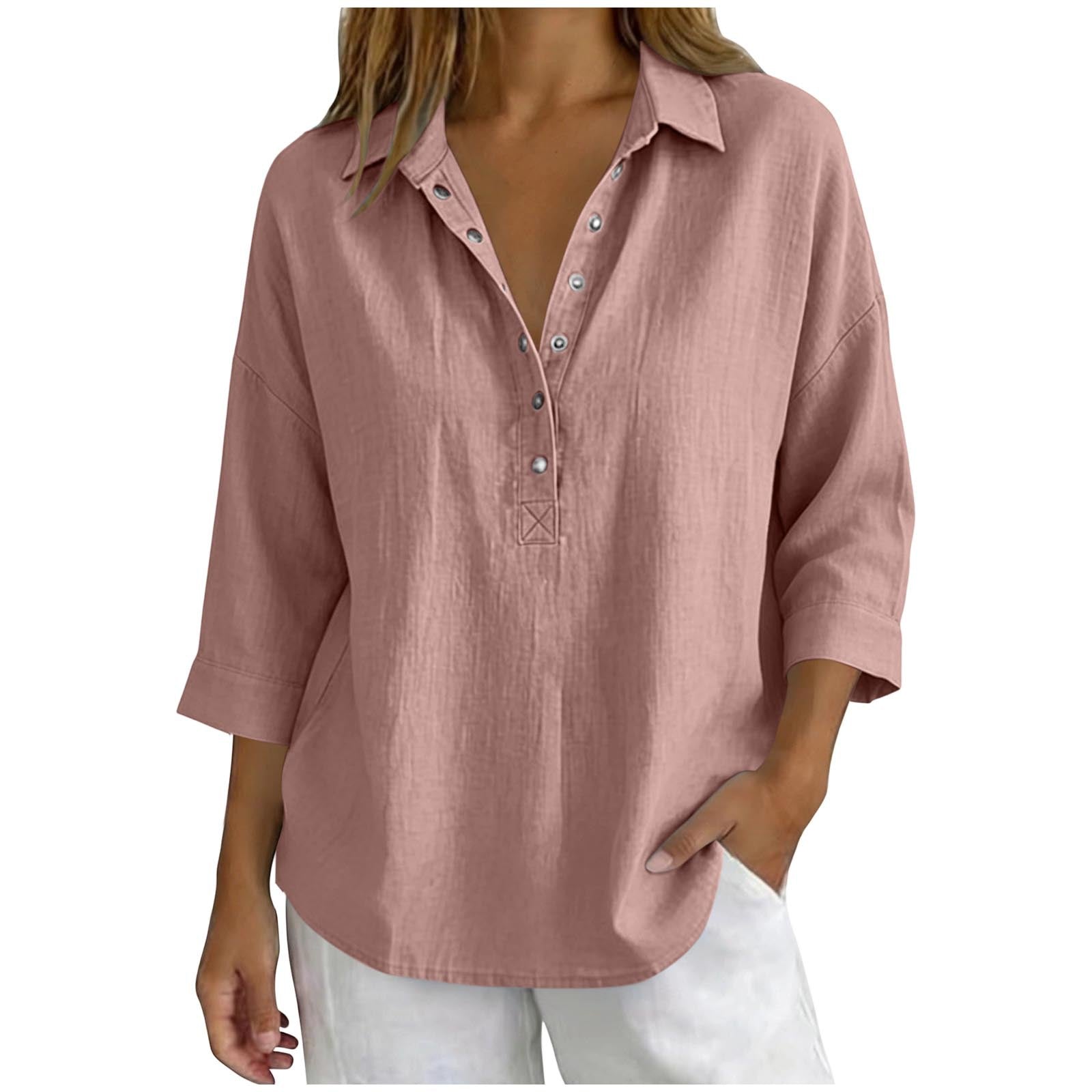 Womens Solid-Color Casual Three-Quarter-Sleeve Shirt