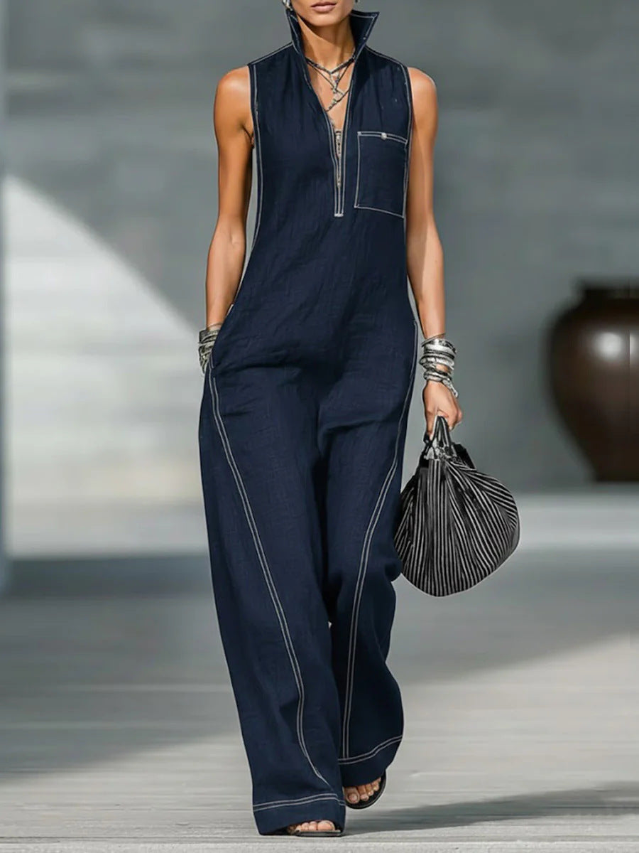Women's Stand-up Collar Jumpsuit With Pockets Summer Fashion Casual Sleeveless Jumpsuit Trousers Women's Clothing