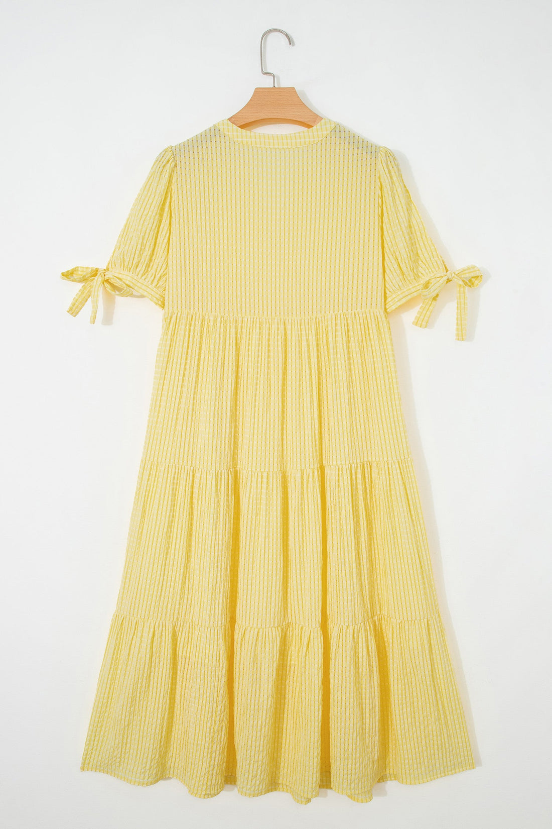 Yellow Gingham Textured Bow Tie Short Sleeve Tiered Midi Dress