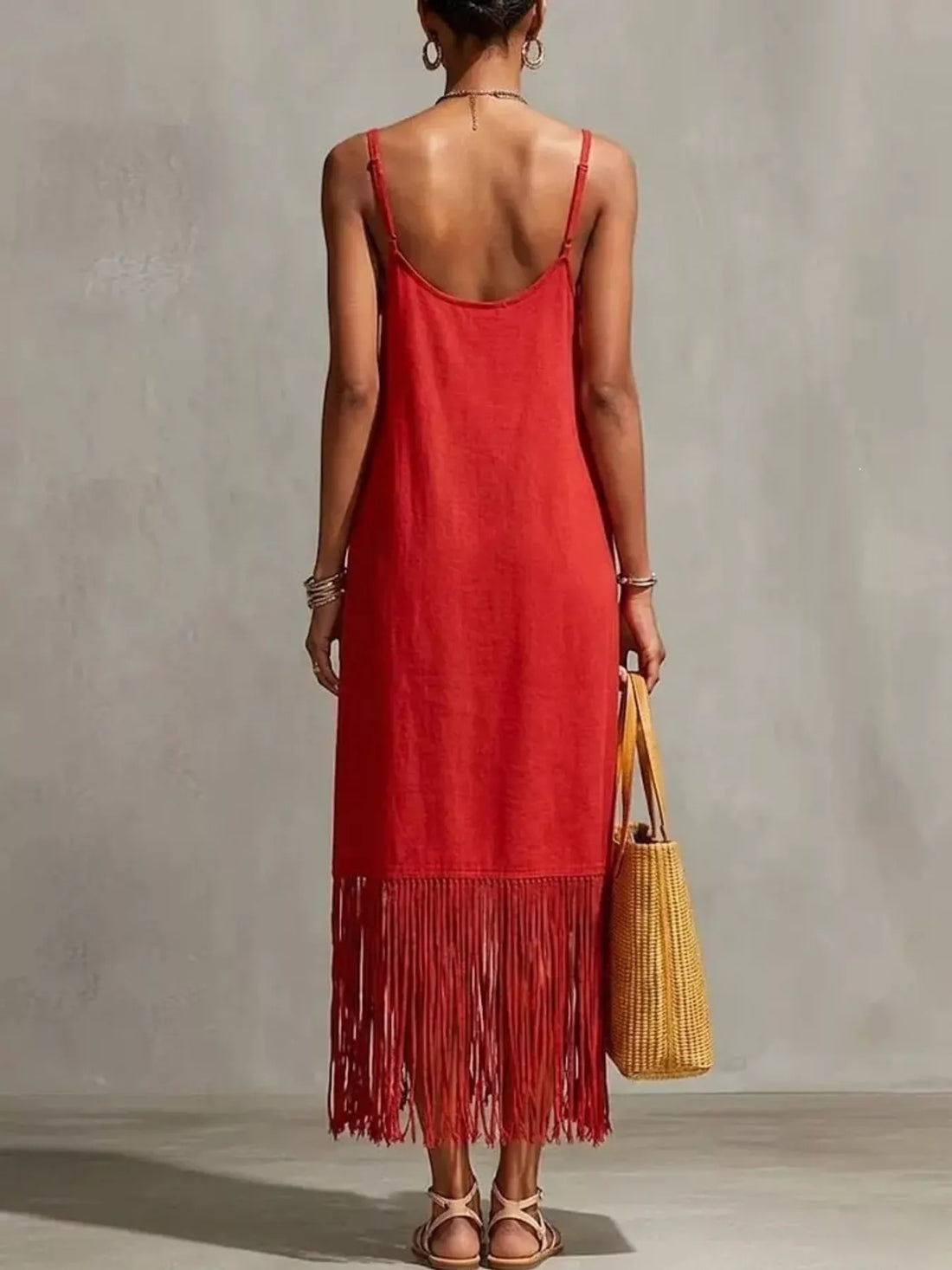 Women's Full Size Fringe V-Neck Spaghetti Strap Dress Plus Size