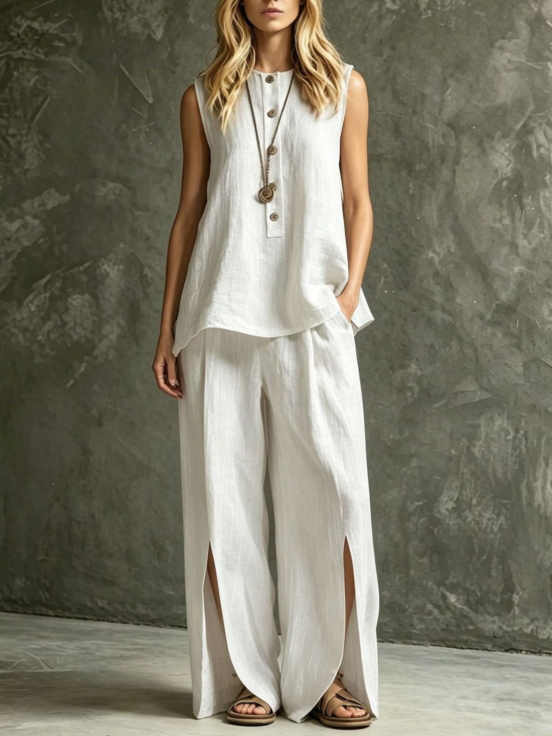Women's Loose Sleeveless Tank Top & Slit Wide-Leg Pants Two-Piece Set