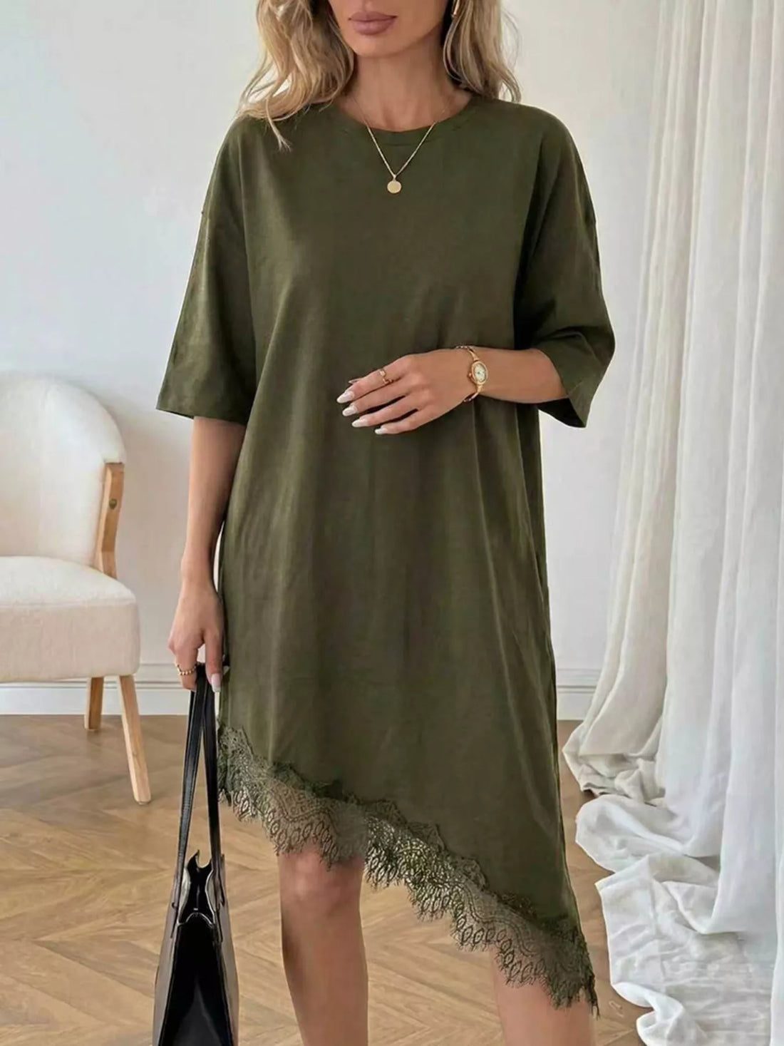 Women's Lace Trim Asymmetrical Hem T-shirt Dress