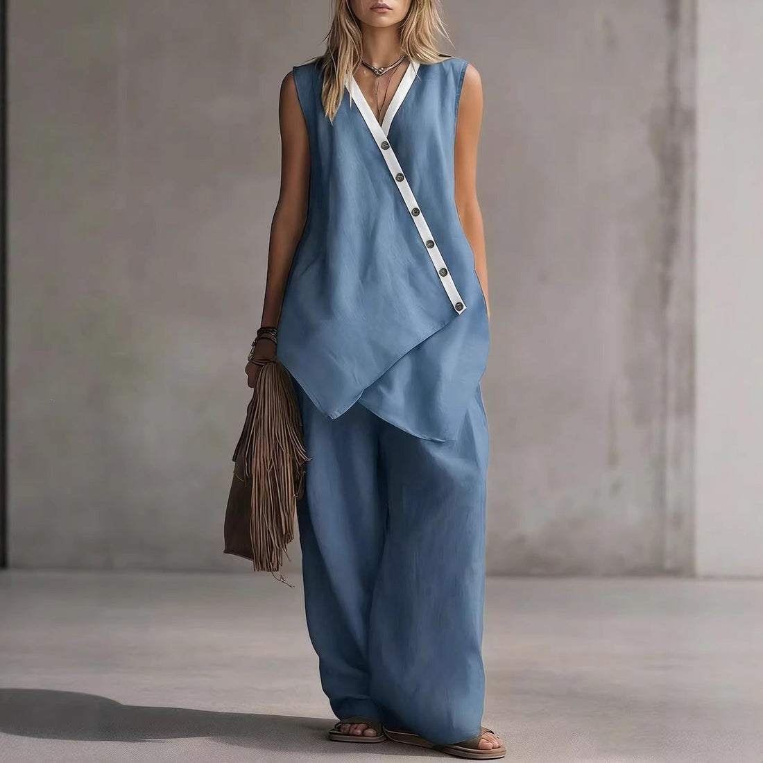 Women's Boho V-Neck Button Vest & Wide-Leg Pants Set