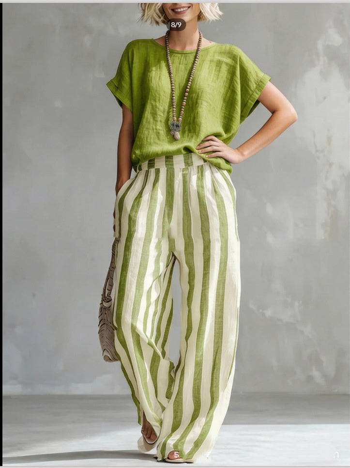 Women's Short-sleeved Trousers Suit Summer Fashion Round Neck Pullover T-Shirt And Striped Print Straight Leg Pants Two-Piece Clothing For Women