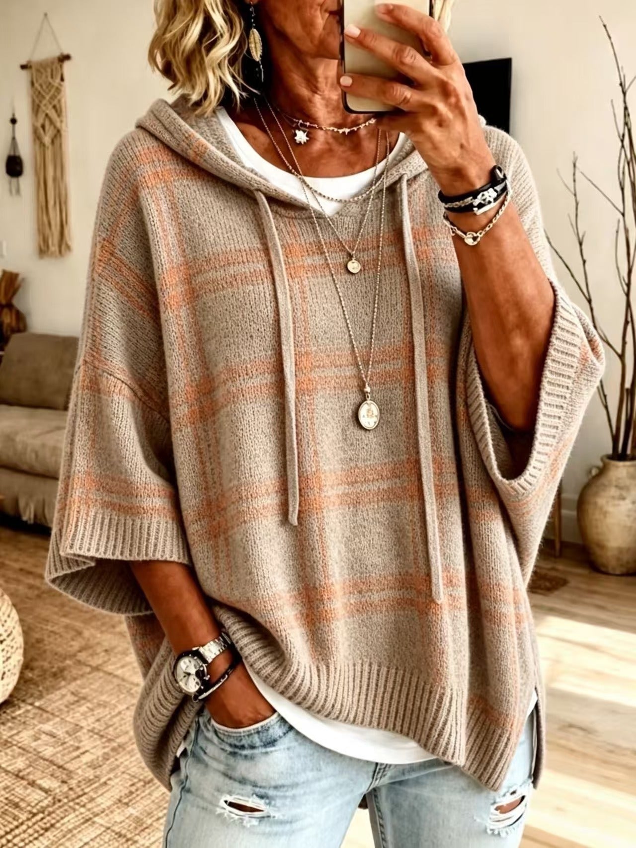 Plaid Knit Hooded Batwing Sweater