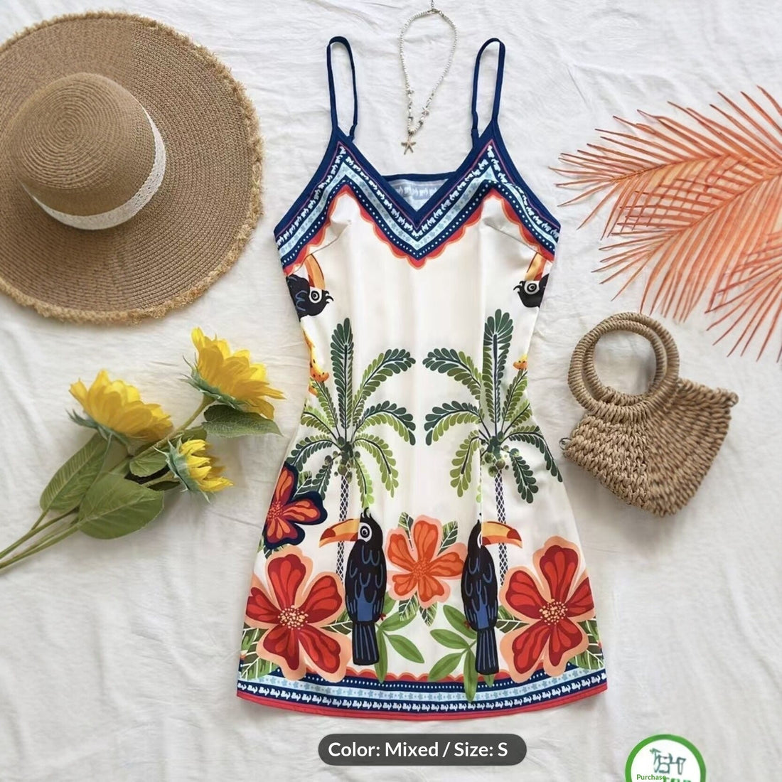 Women's European and American-Style Tropical Print V-Neck Slip Dress