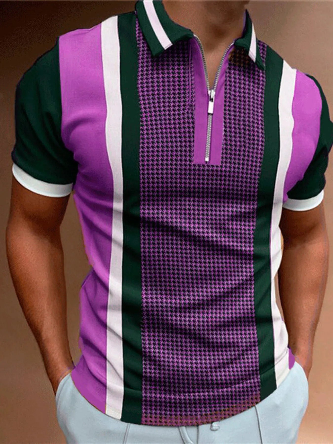 Men's Full Size Color Block Zipper Polo Plus Size