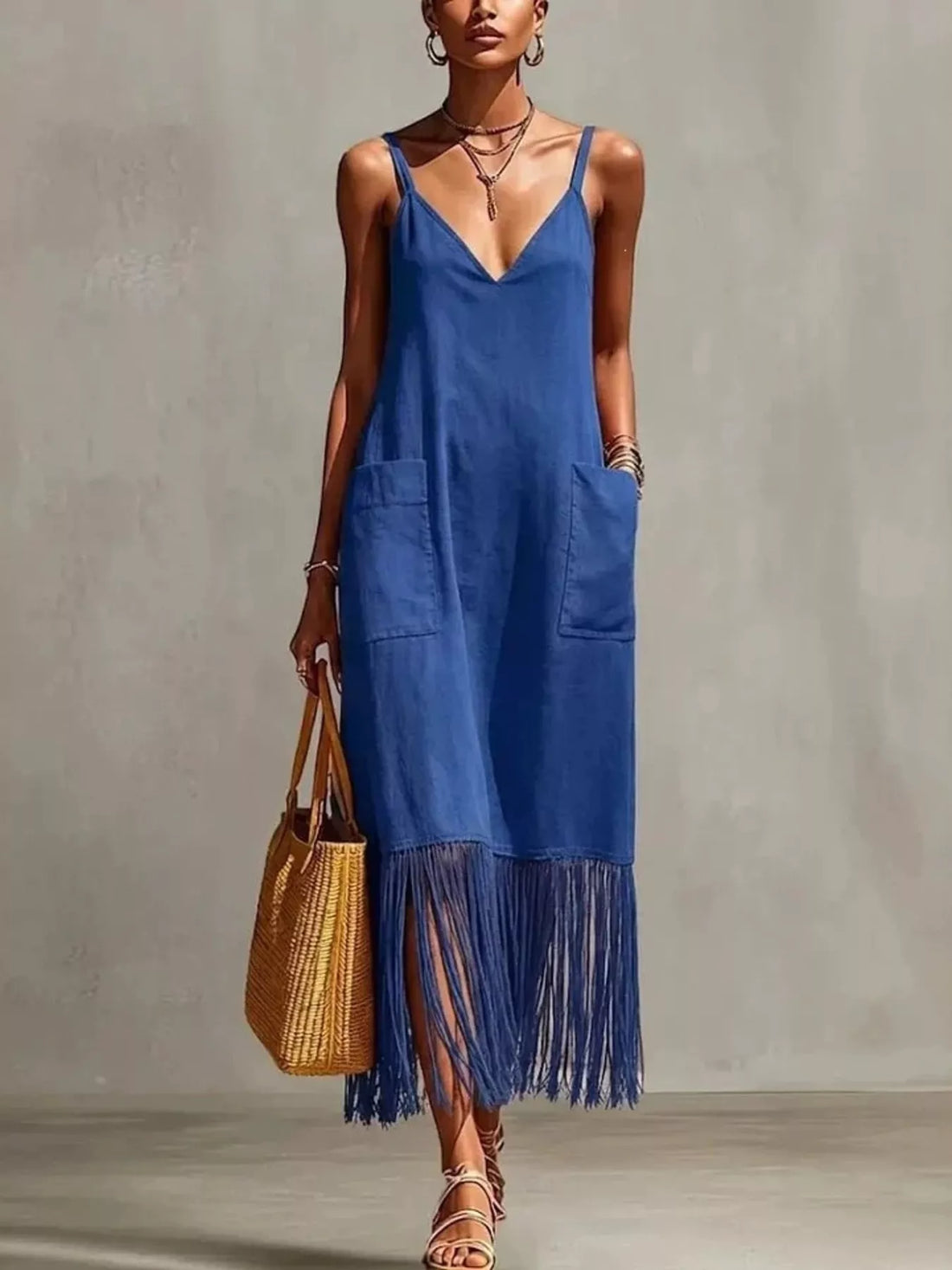 Women's Full Size Fringe V-Neck Spaghetti Strap Dress Plus Size