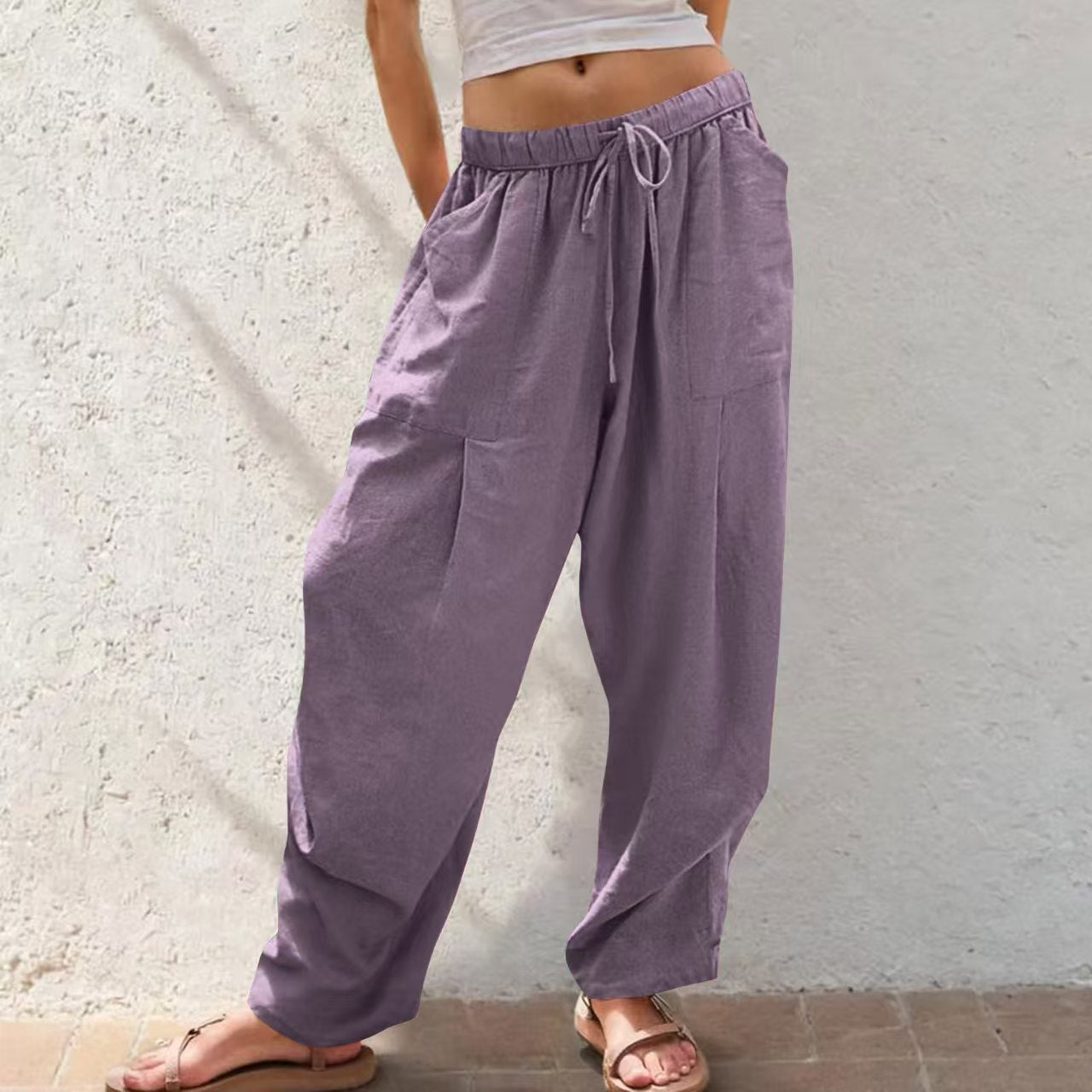 Women's Solid-Color Cotton-Linen Casual Loose Straight Pockets Lounge Pants With Drawstring See size chart under “more details”