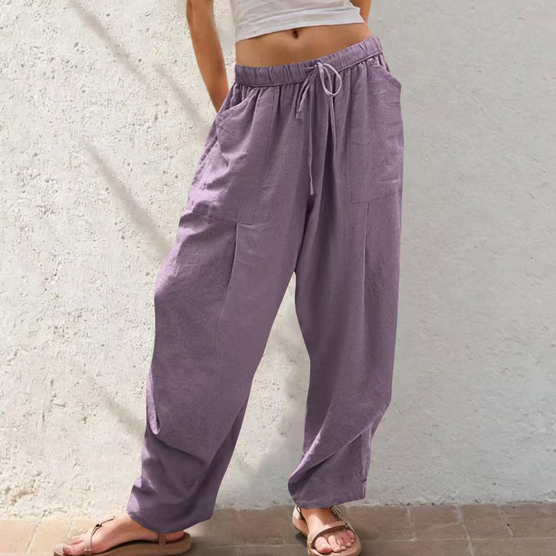 Women's Solid-Color Cotton-Linen Casual Loose Straight Pockets Lounge Pants With Drawstring See size chart under “more details”