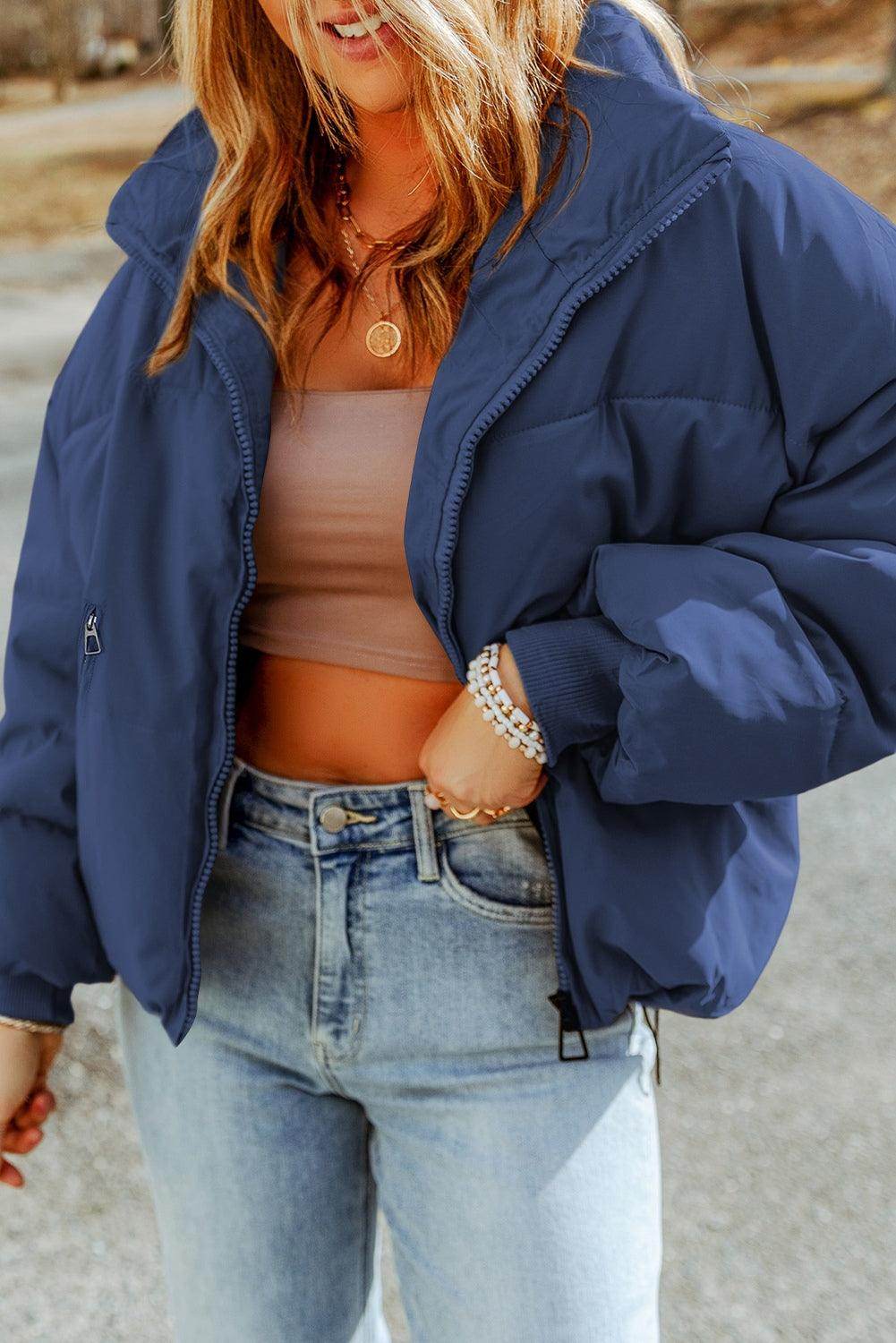 Zip Up Collared Neck Coat with Pockets for Women