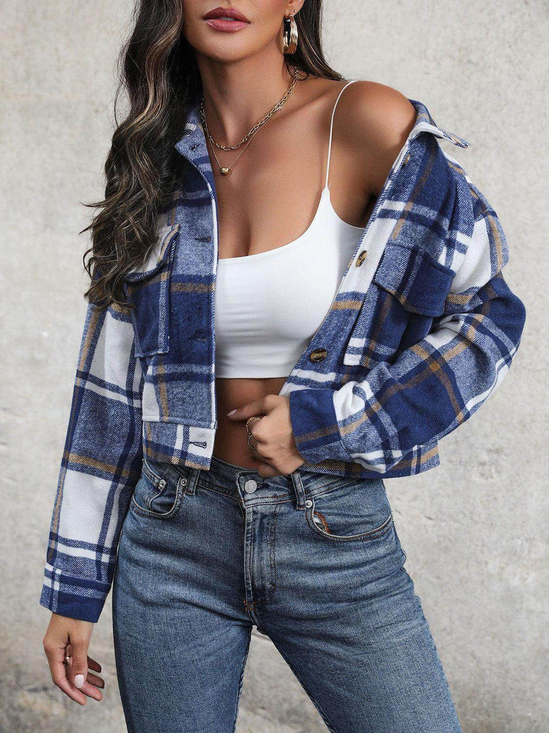 Perfee Plaid Button Up Drop Shoulder Cropped Jacket for Women