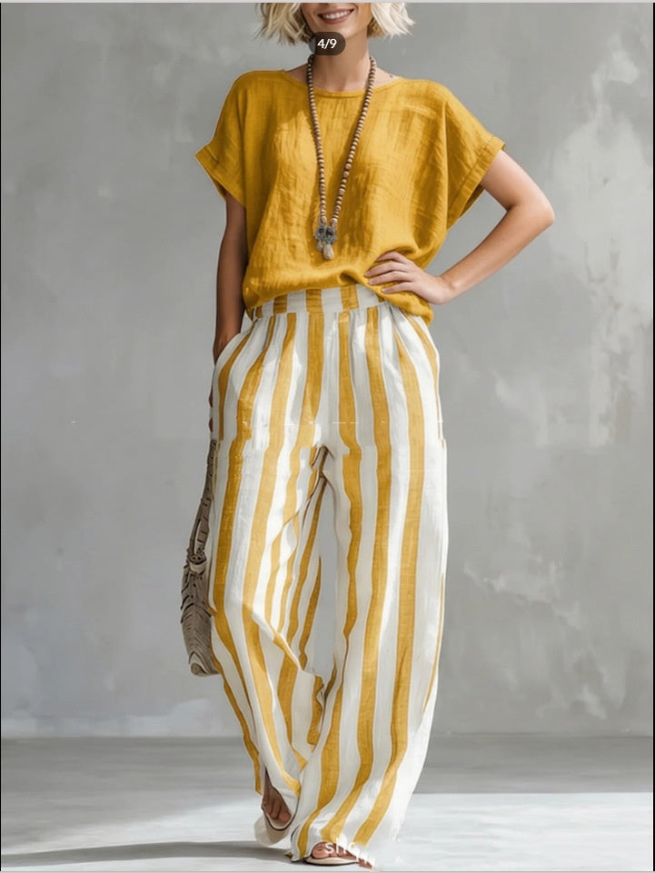 Women's Short-sleeved Trousers Suit Summer Fashion Round Neck Pullover T-Shirt And Striped Print Straight Leg Pants Two-Piece Clothing For Women