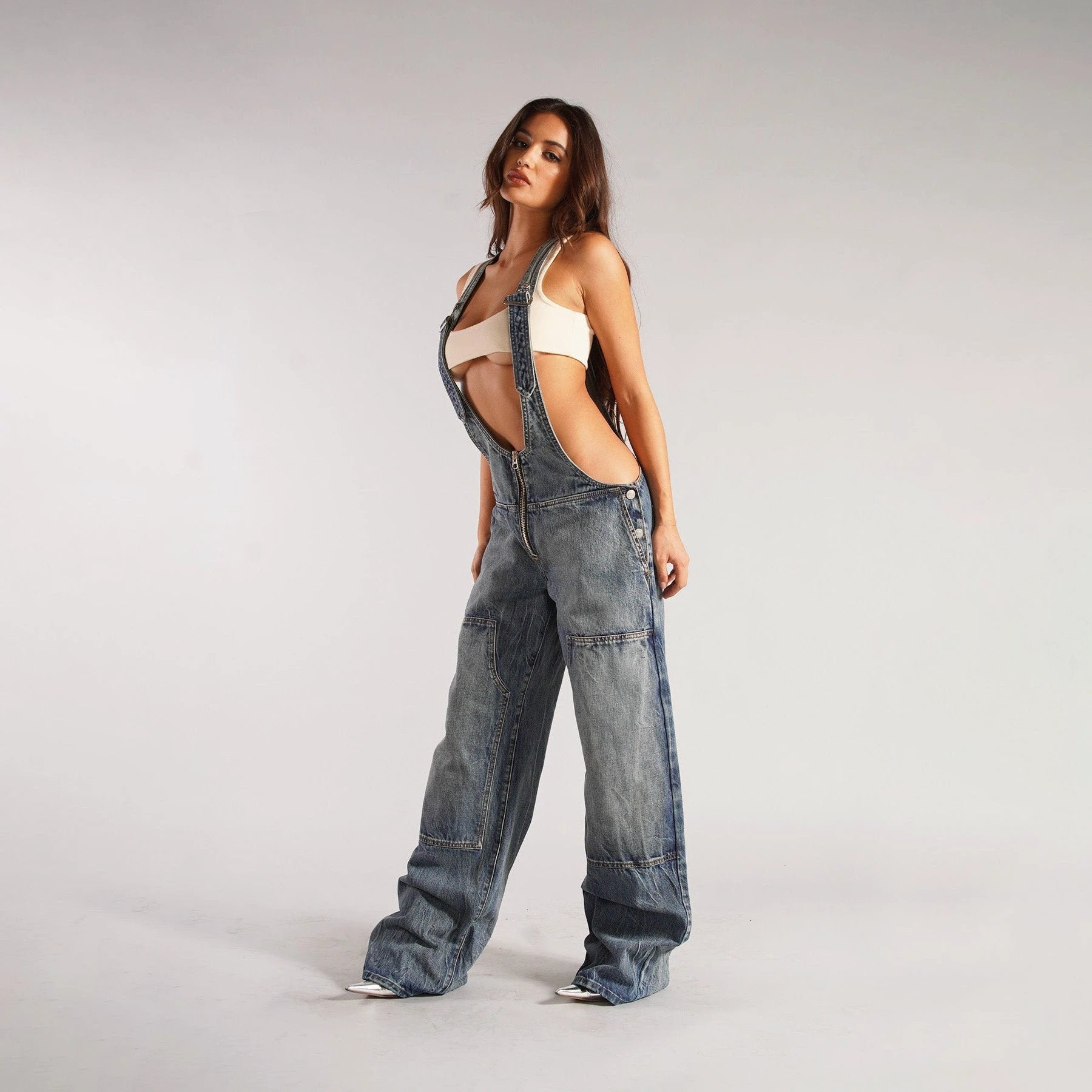 Y2K Denim Overalls - Zipper Suspender Jumpsuit Streetwear
