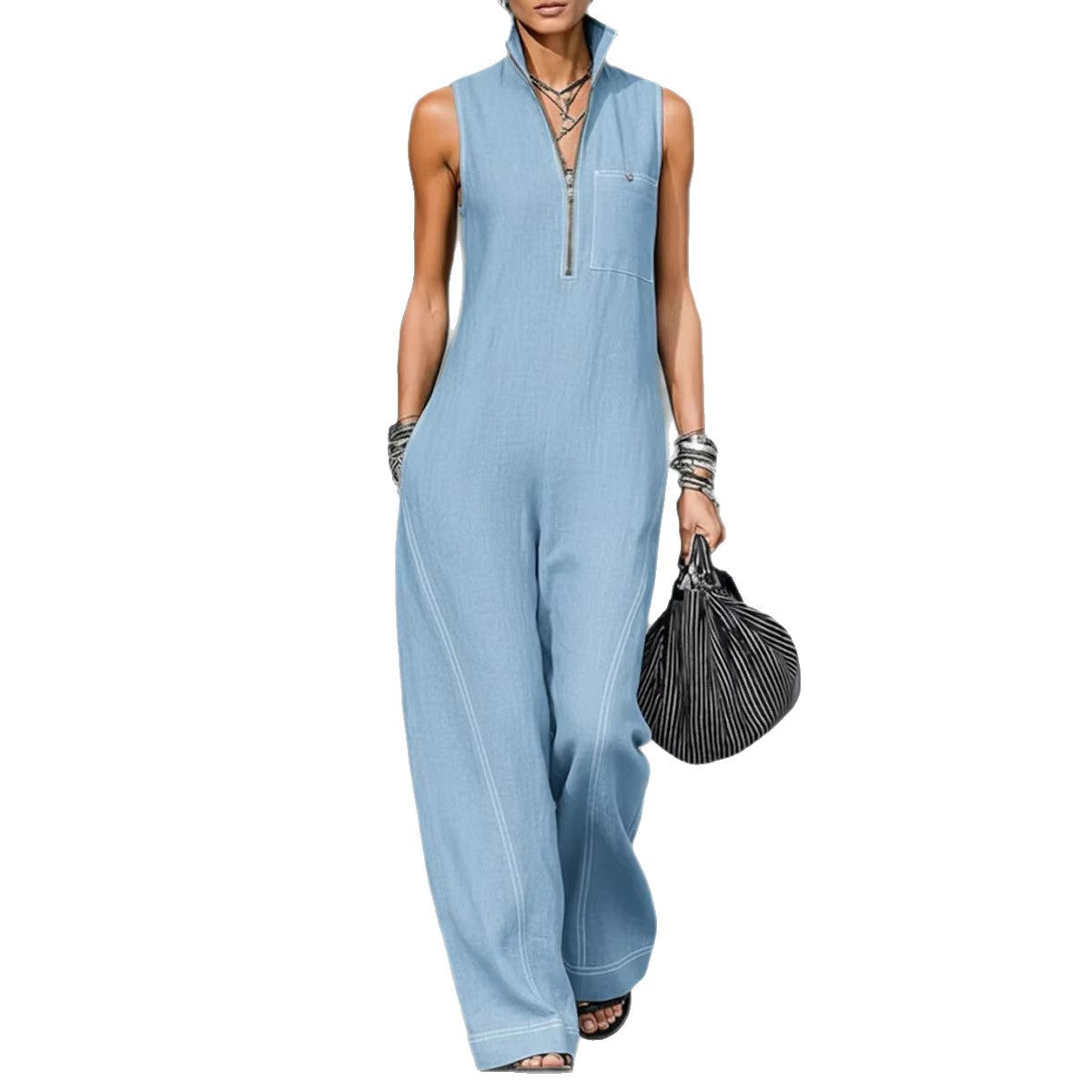 Women's Stand-up Collar Jumpsuit With Pockets Summer Fashion Casual Sleeveless Jumpsuit Trousers Women's Clothing