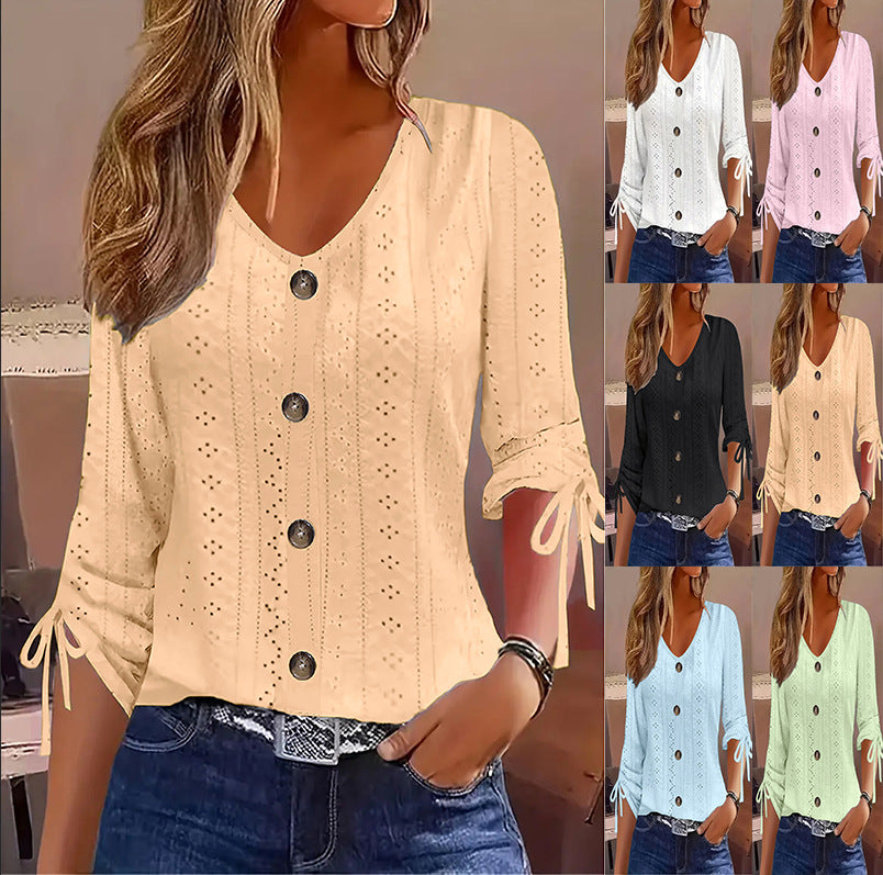 Solid-color Jacquard V-neck Buttoned Mid-sleeve T-shirt Top