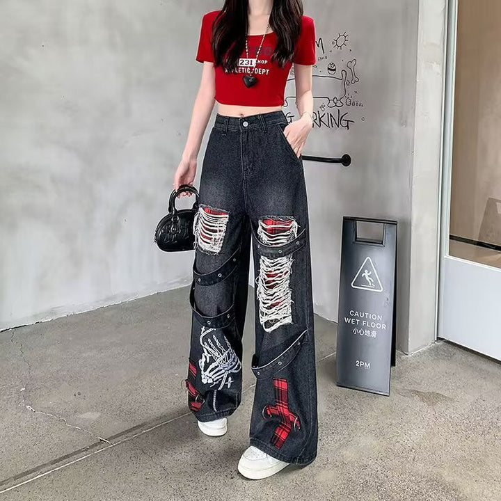Women's Vintage Washed Distressed Ripped Jeans See size chart under “more details”