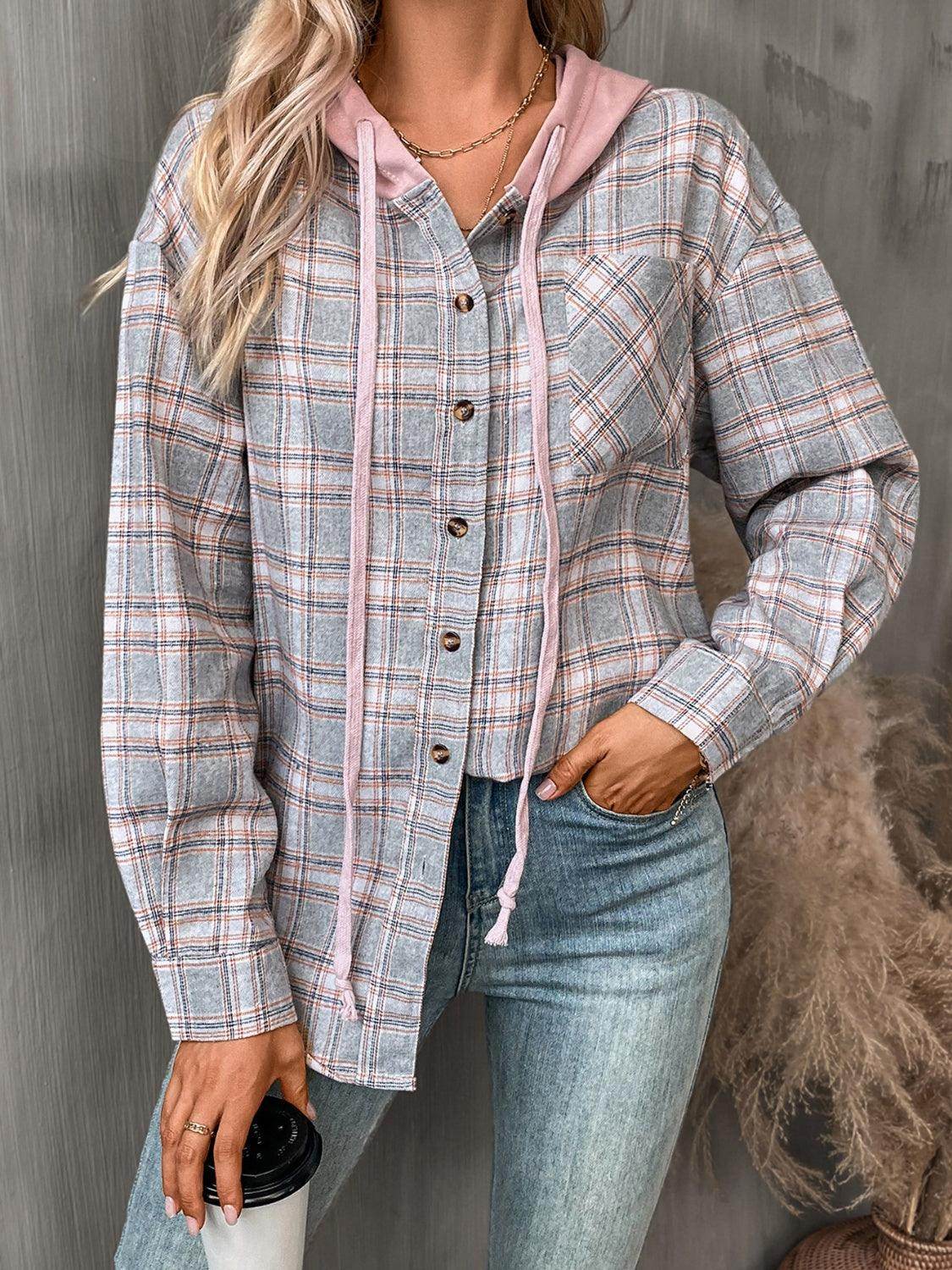 Plaid Long Sleeve Hooded Jacket for Women with Pockets
