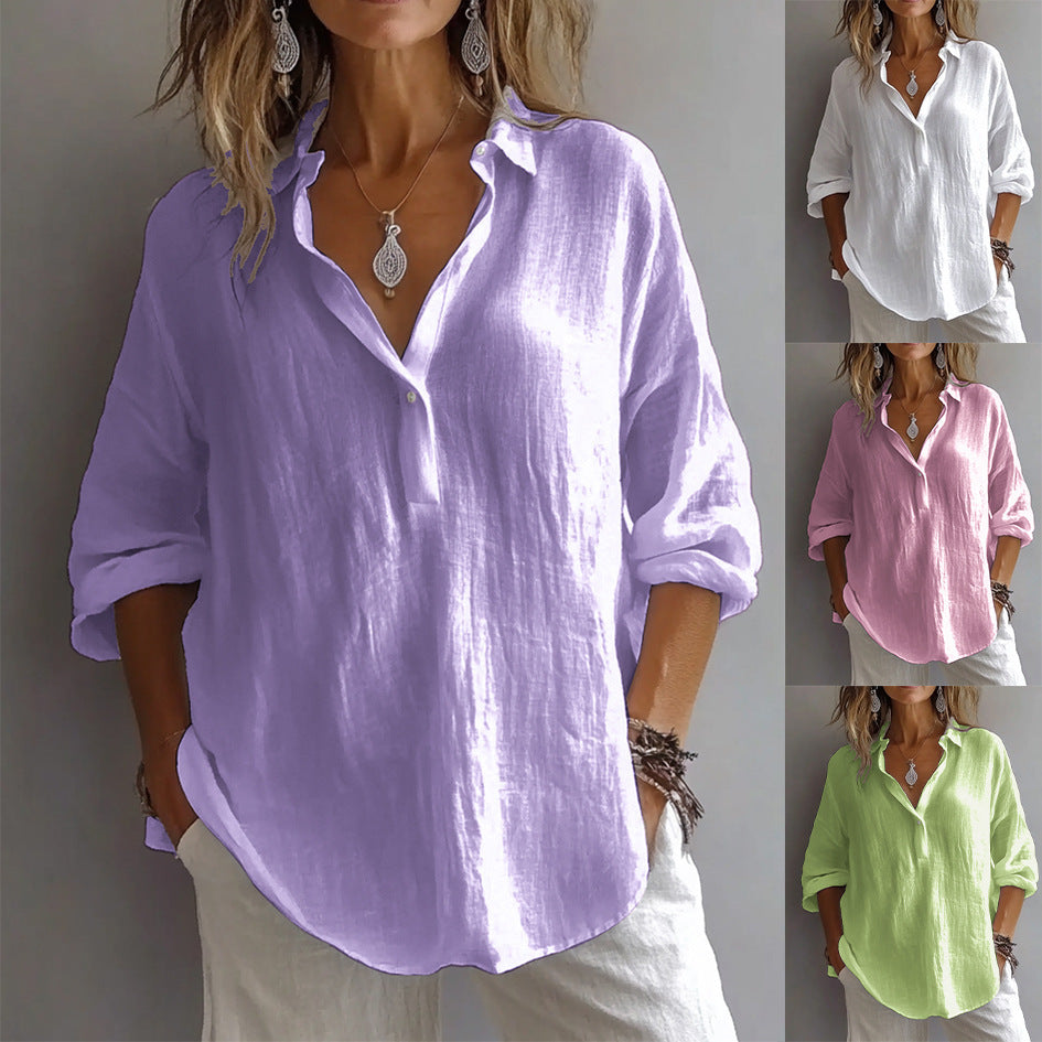Fashion Long-sleeved Lapel Pullover Shirt Casual Loose Solid Color T-shirt Tops Women's Clothing