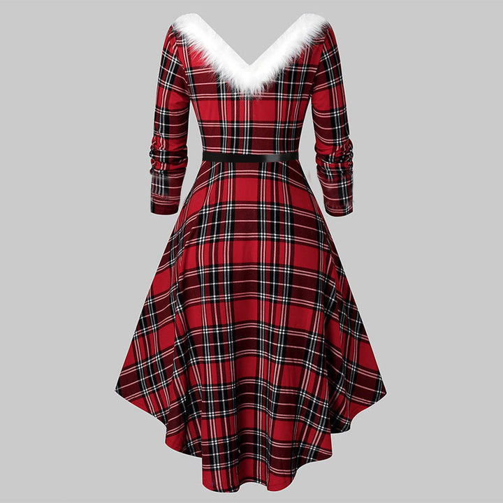 Christmas Women’s Fur Patchwork V-Neck Long-Sleeved Dress
