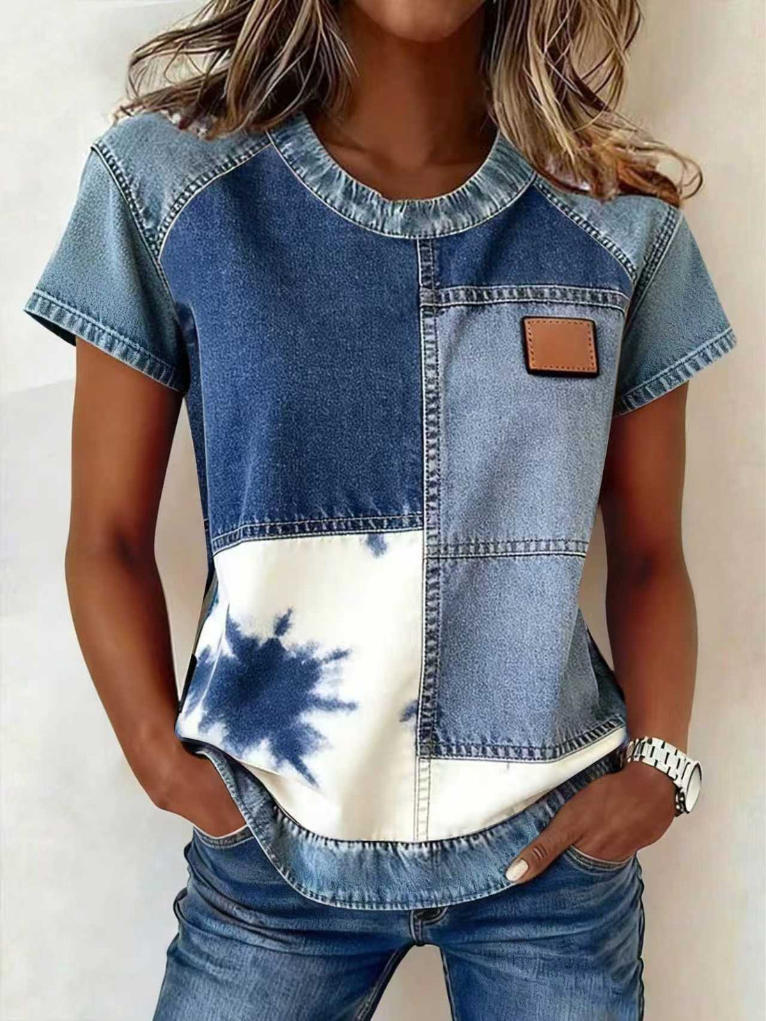 Women's Retro Denim Patchwork Short-Sleeve Shirt – Loose Fit