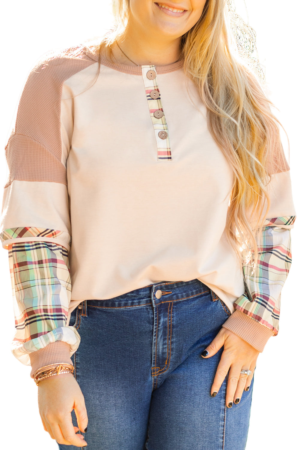 Women's Parchment Plus Size Plaid Waffle Patchwork Henley Top