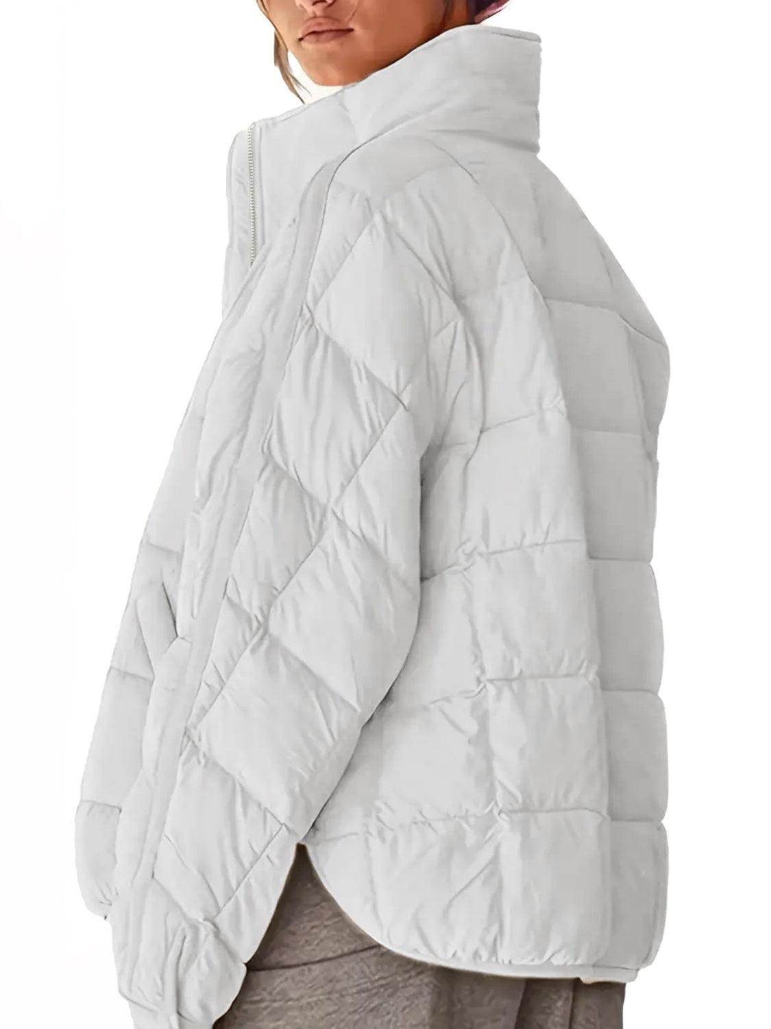 Pocketed Plaid Quilted Zip Up Winter Coat for Women