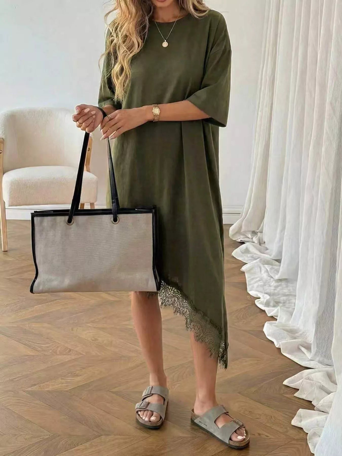 Women's Lace Trim Asymmetrical Hem T-shirt Dress