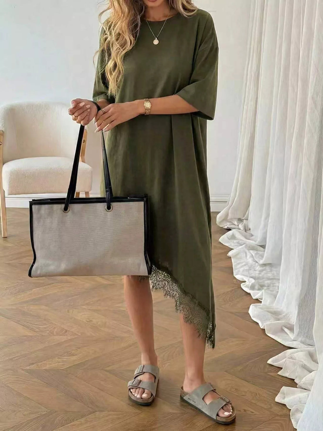 Women's Lace Trim Asymmetrical Hem T-shirt Dress