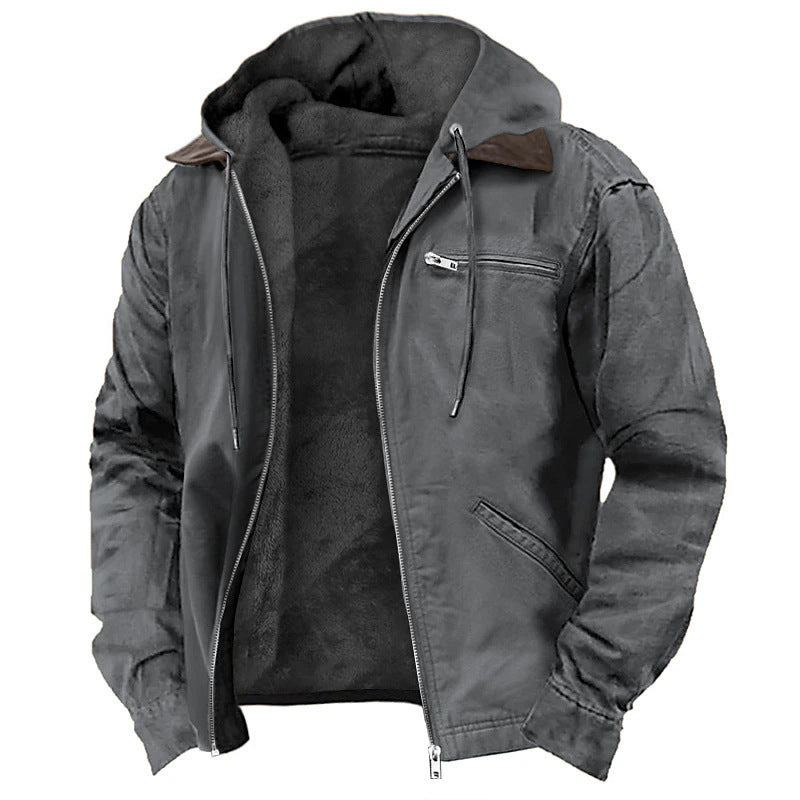 Winter Hooded Coat With Pockets Fashion Warm Fleece Zip-up Jacket Casual Outwear Men's Clothing