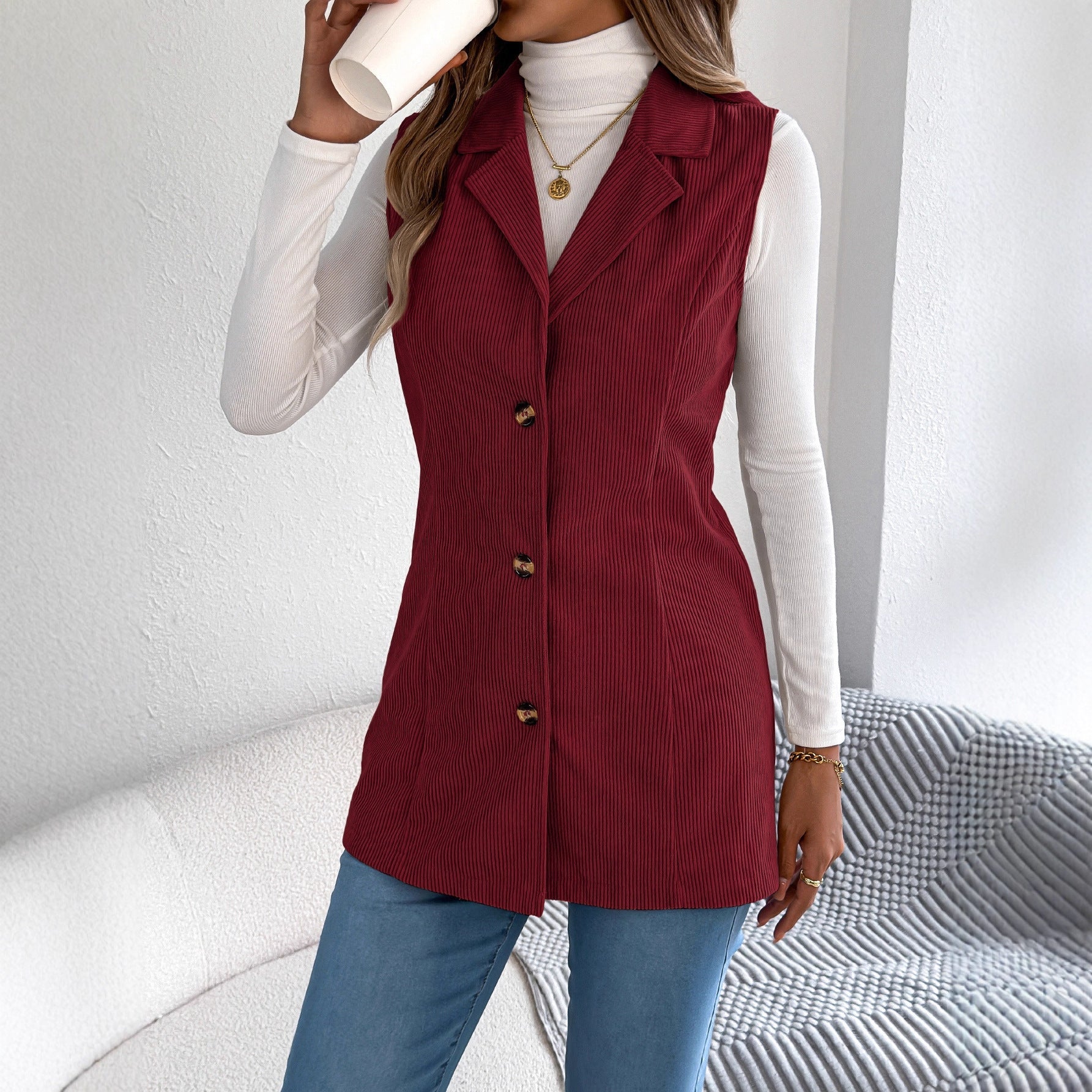Women's European And American Casual Single-breasted Suit-collar Corduroy Waistcoat Jacket