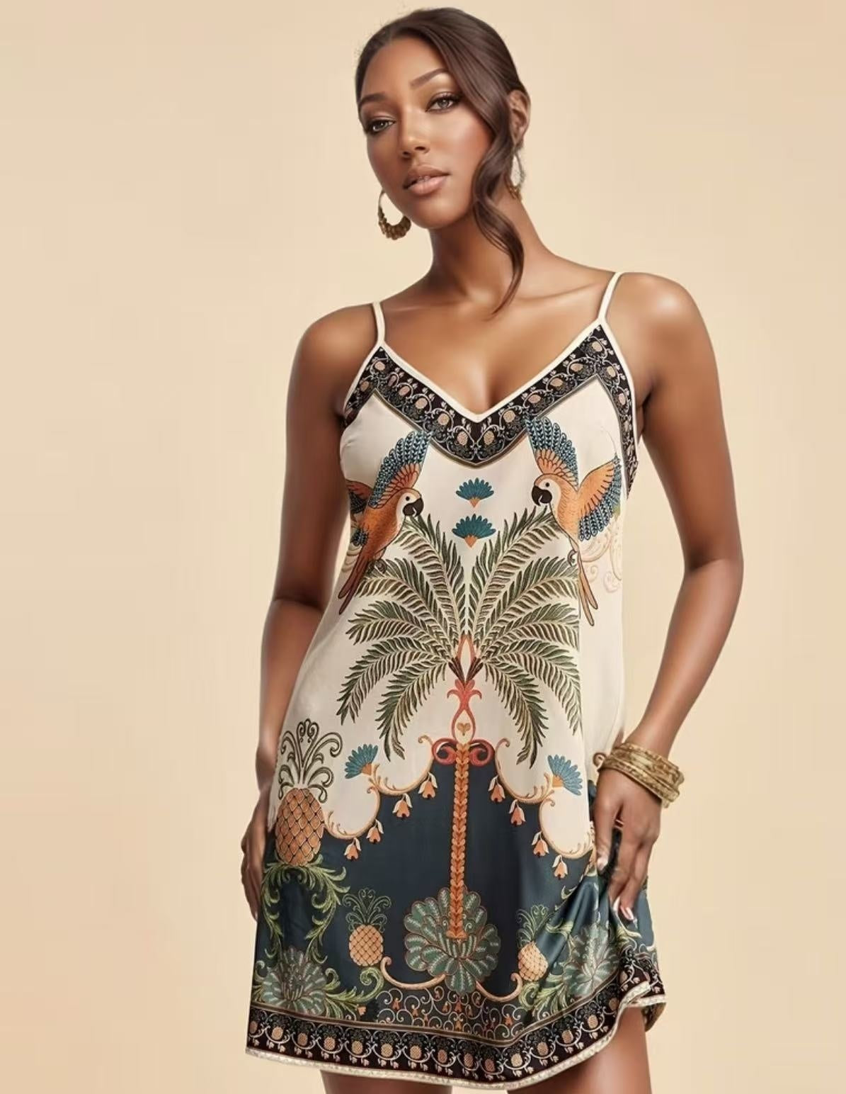 Women's European and American-Style Tropical Print V-Neck Slip Dress