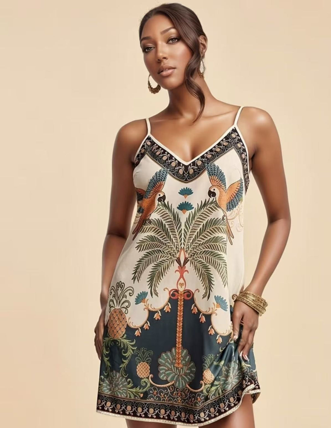 Women's European and American-Style Tropical Print V-Neck Slip Dress