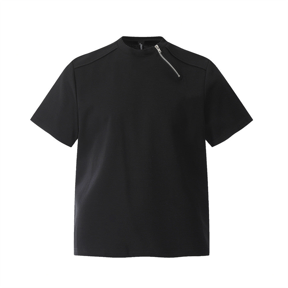 Men’s Heavyweight Zipper Short Sleeve Loose Round Neck T-Shirt
