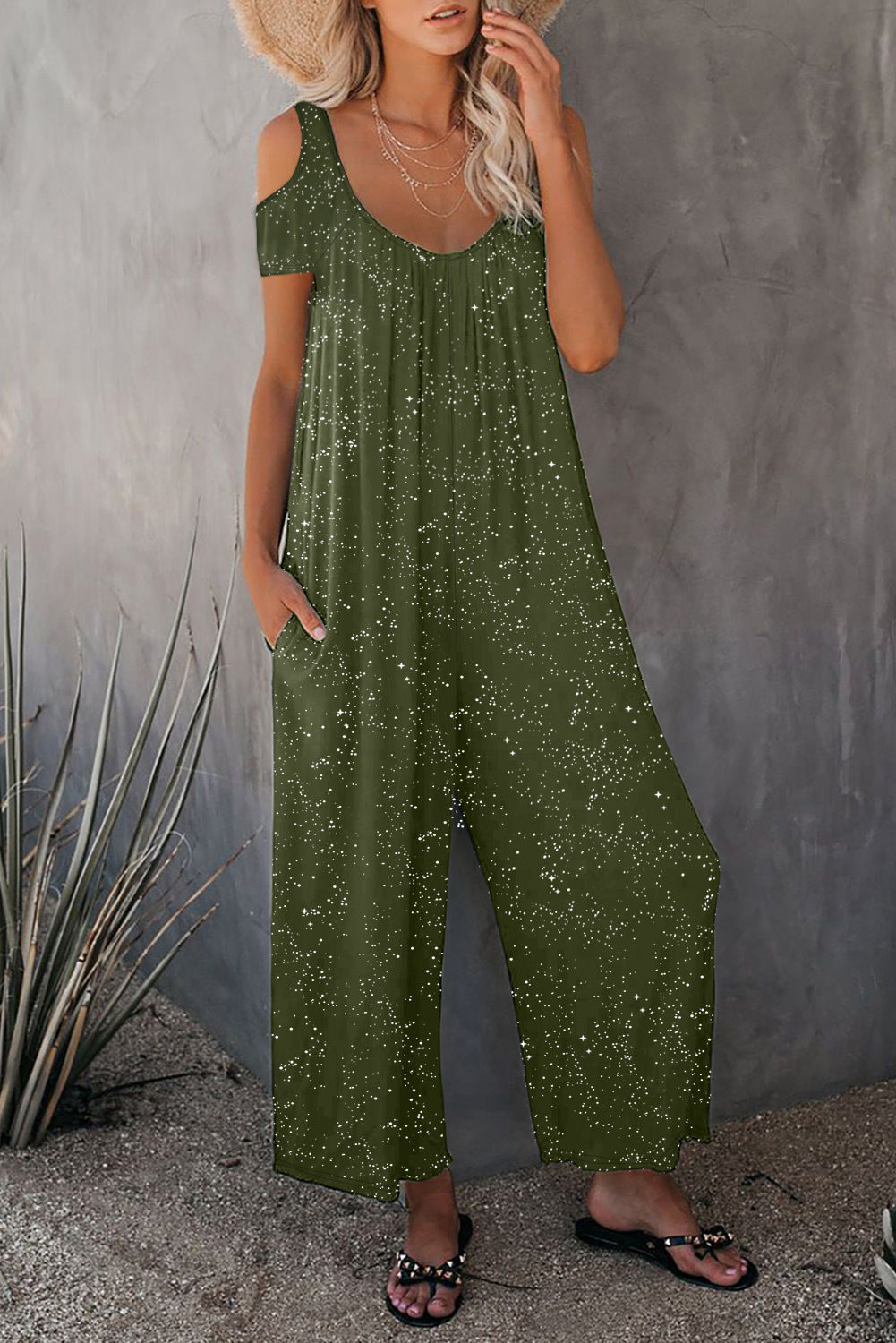 Fashionable Off-shoulder Sexy Powder-dusting Strap Jumpsuit With Long Pants