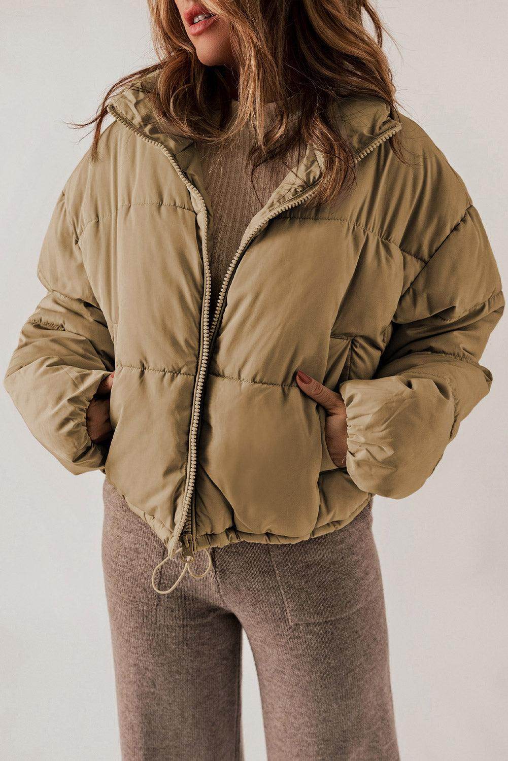 Zip Up Collared Neck Long Sleeve Winter Coat for Women
