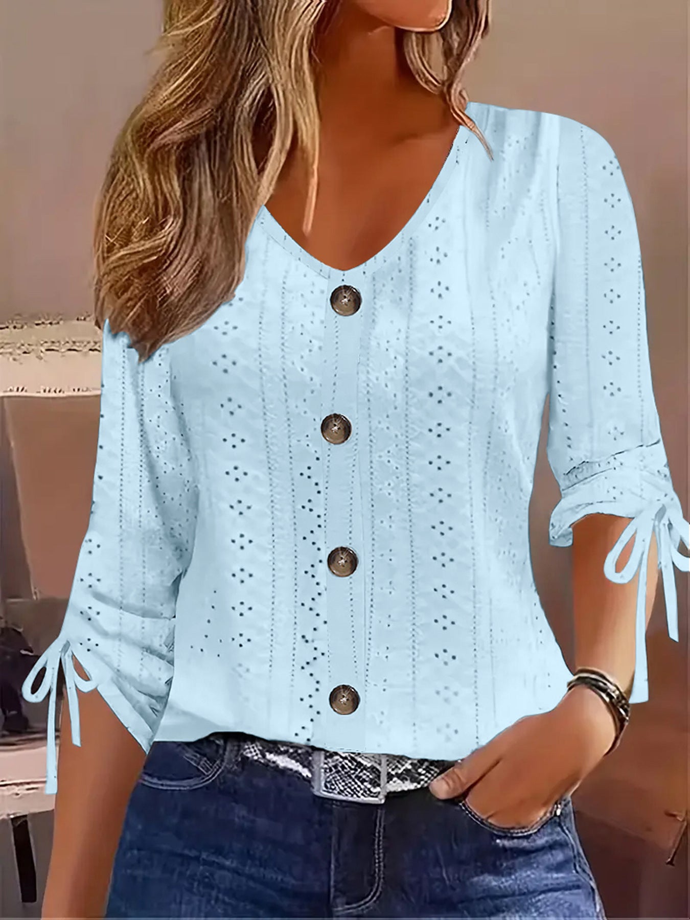 Solid-color Jacquard V-neck Buttoned Mid-sleeve T-shirt Top