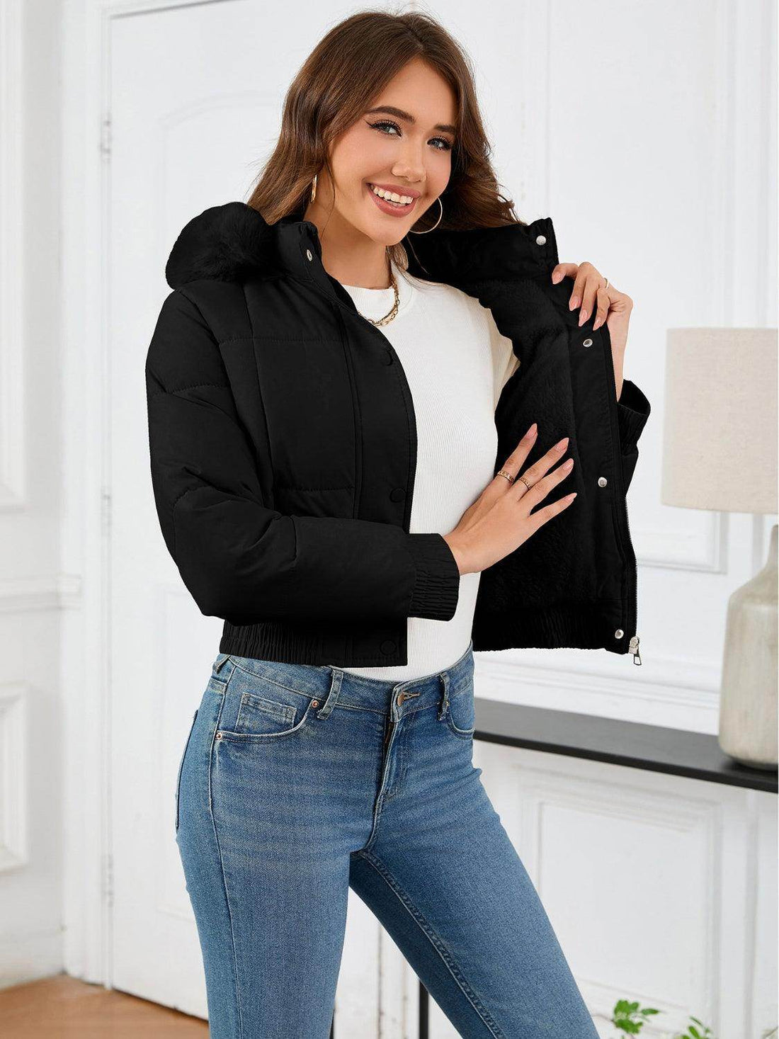 Pocketed Long Sleeve Cropped Hooded Winter Coat for Women
