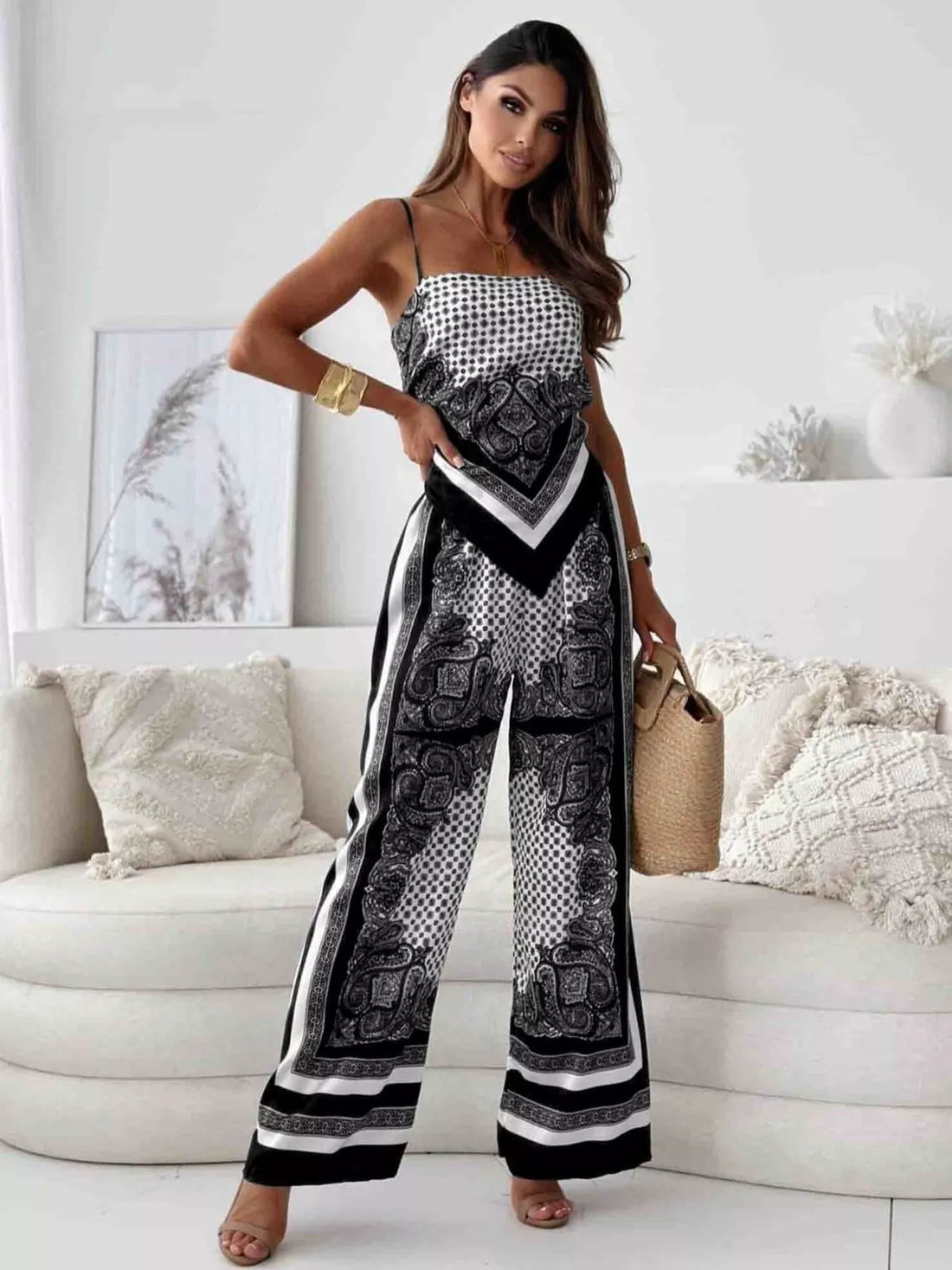 Women's Printed Cami and Wide Leg Pants Set