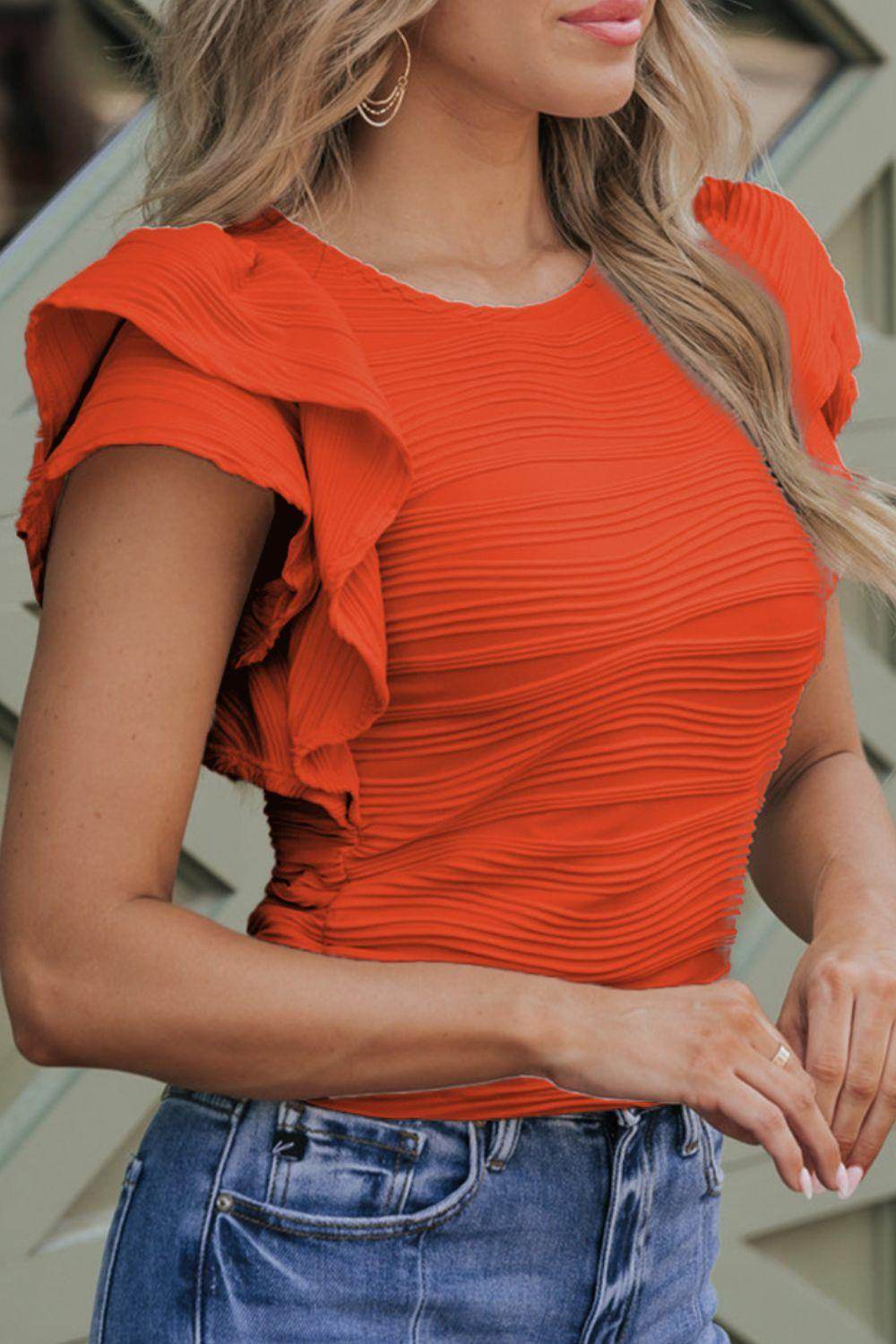Textured Round Neck Cap Sleeve Top for Casual Style