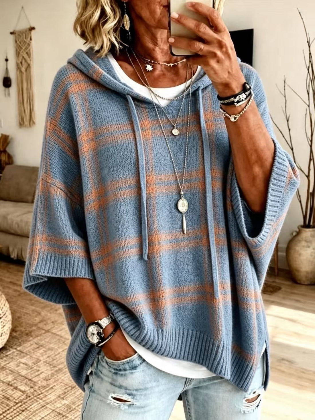 Plaid Knit Hooded Batwing Sweater