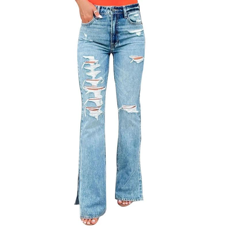 Ladies Jeans High Waist Ripped Slightly Stretch Split Trousers