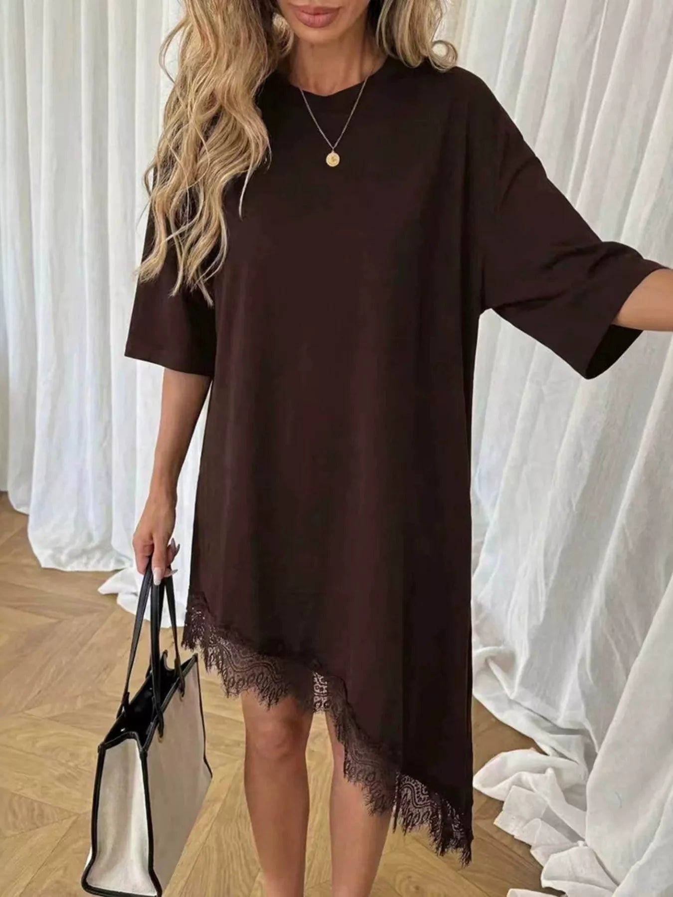 Women's Lace Trim Asymmetrical Hem T-shirt Dress