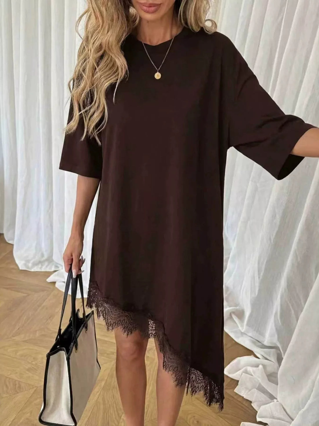 Women's Lace Trim Asymmetrical Hem T-shirt Dress