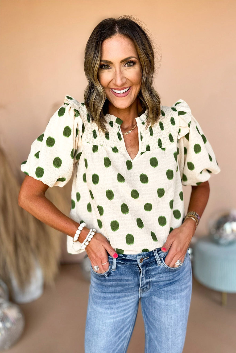 Black Polka Dot Print Smocked Notched Neck Balloon Sleeve Blouse
