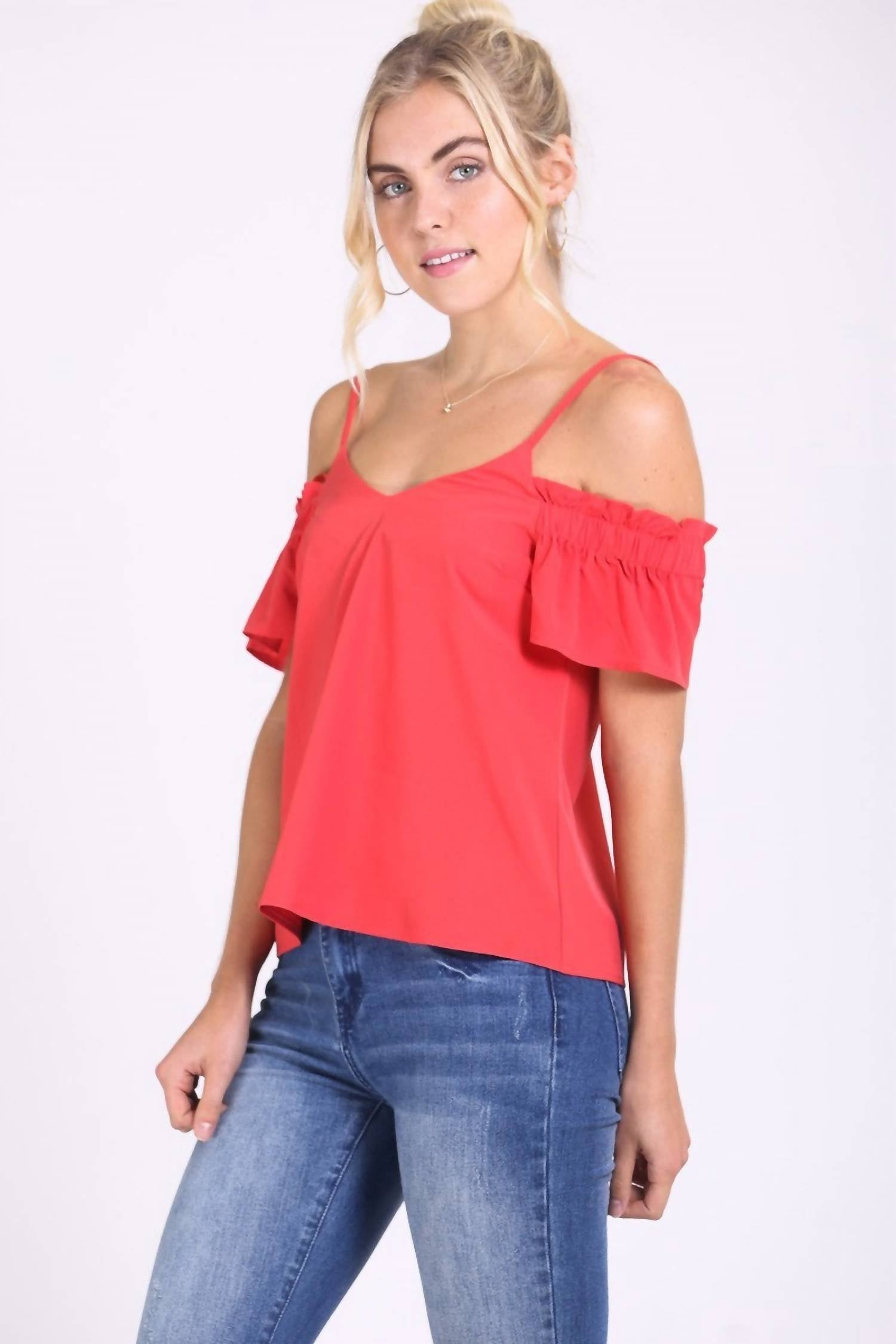 Ruffle Sleeve Cold Shoulder Top